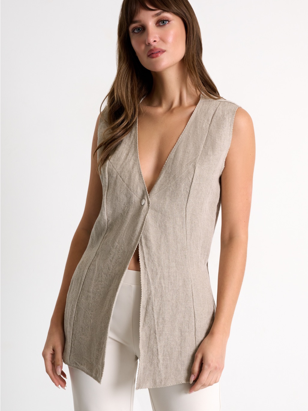 Shan Stone Beige Sleeveless V-Neck Long Linen Vest